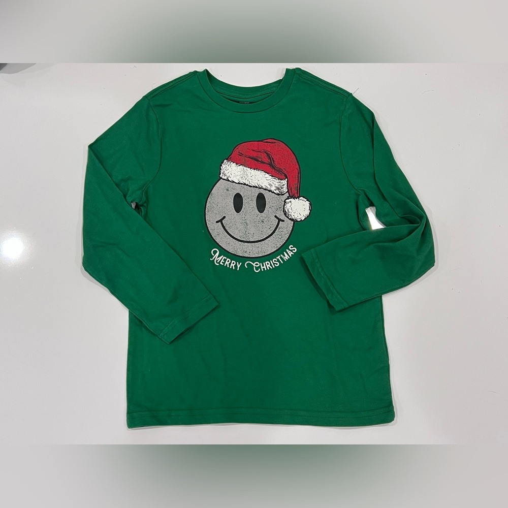 Kid Holiday Time size M 8 green long sleeve shirt happy face Santa hat boys